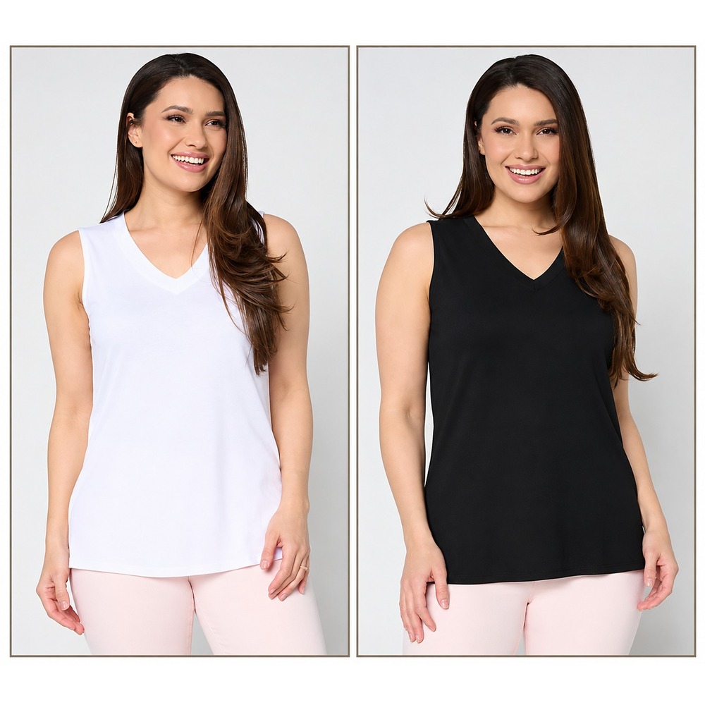 Belle by Kim Gravel Slub Knit Set of 2 V-Neck Tanks Black/white Medium